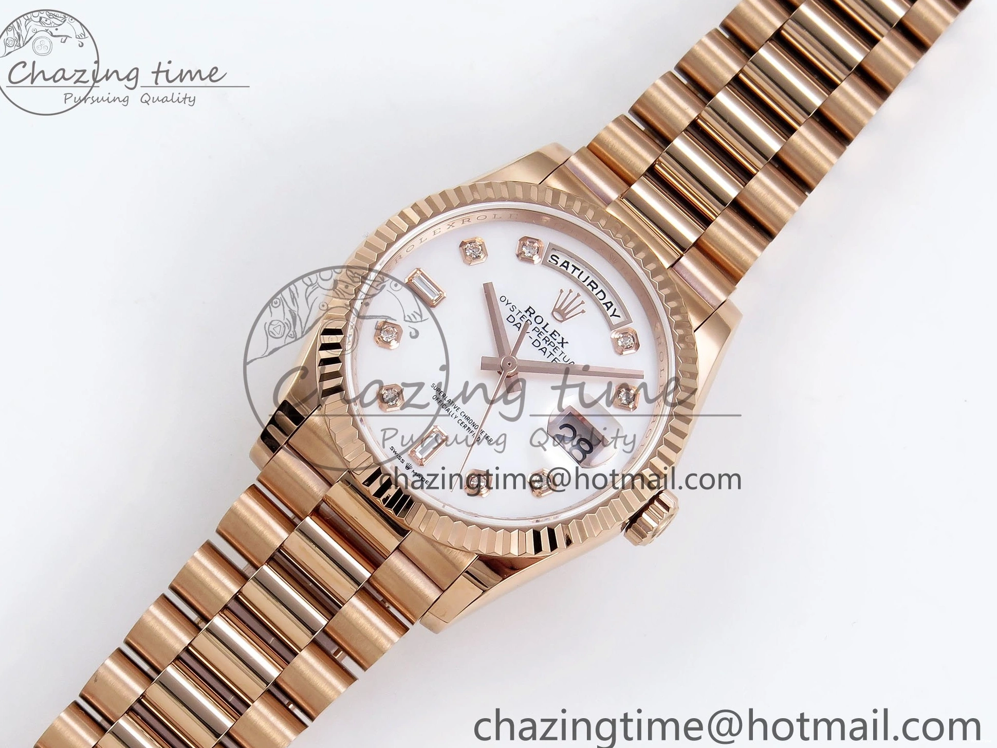 MiroTime 0209 OdorResistant Day Date 36 RG TWSF Best Edition White Diamonds Dial on RG Bracelet A 1610